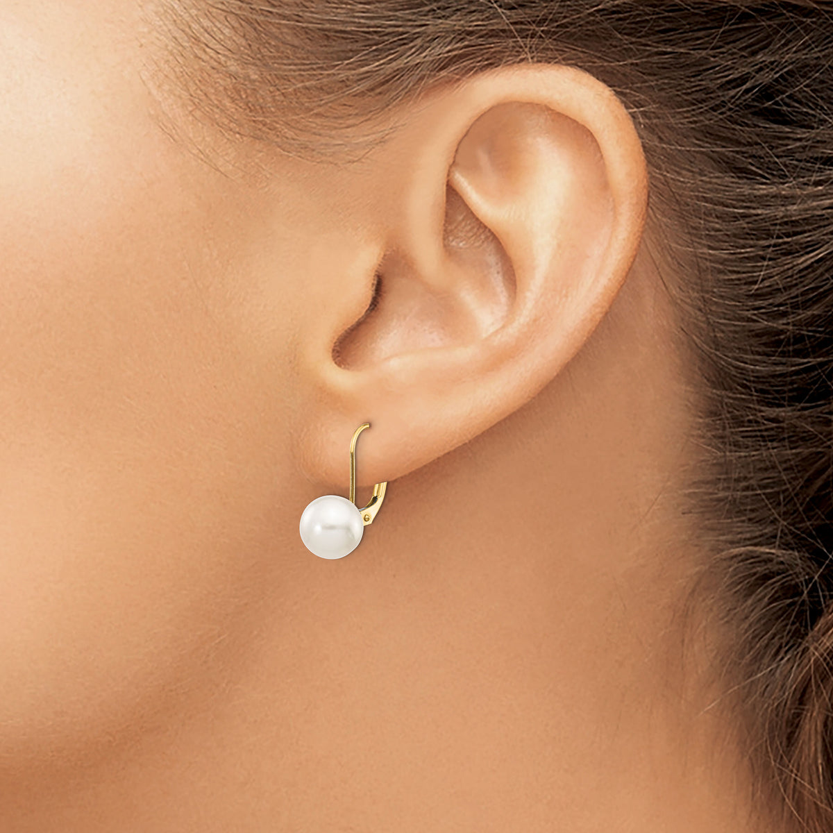 14k 8-9mm White Round Saltwater Akoya Cultured Pearl Leverback Earrings-XF482E