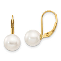 14k 8-9mm White Round Saltwater Akoya Cultured Pearl Leverback Earrings-XF482E