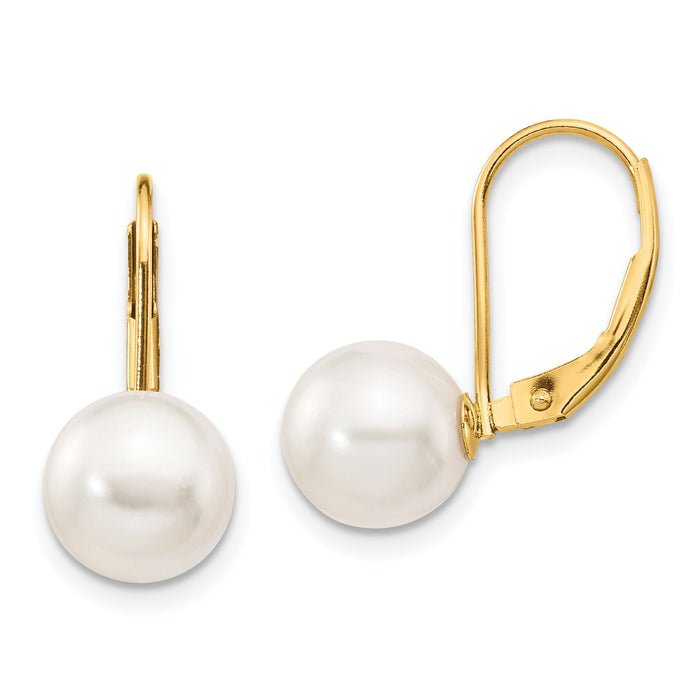 14k 8-9mm White Round Saltwater Akoya Cultured Pearl Leverback Earrings-XF482E