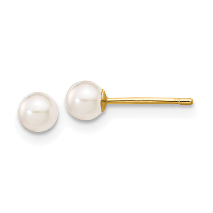 14k 3-4mm Round White Saltwater Akoya Cultured Pearl Stud Post Earrings-XF490E