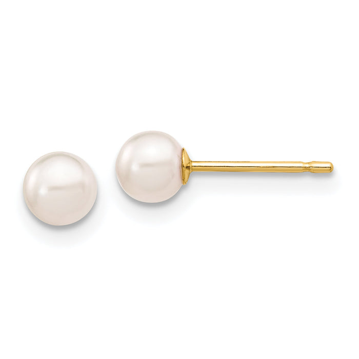 14k 4-5mm Round White Saltwater Akoya Cultured Pearl Stud Post Earrings-XF491E