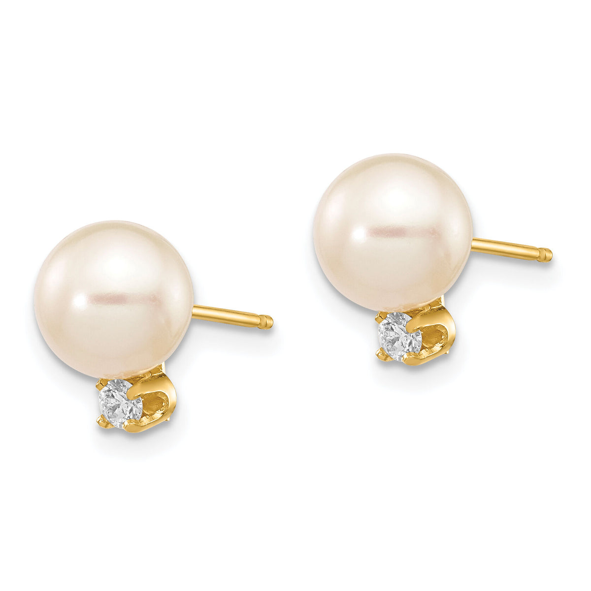 14k 7-8mm White Round Freshwater Cultured Pearl .10ct Diamond Post Earrings-XF493E