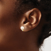 14k 7-8mm White Round Freshwater Cultured Pearl .10ct Diamond Post Earrings-XF493E