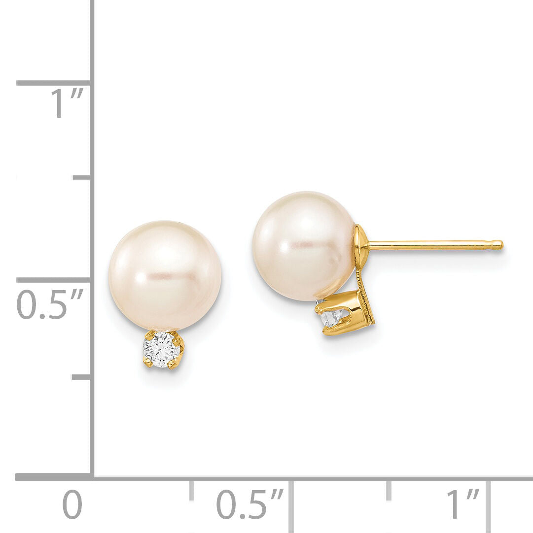 14k 7-8mm White Round Freshwater Cultured Pearl .10ct Diamond Post Earrings-XF493E