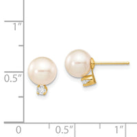 14k 7-8mm White Round Freshwater Cultured Pearl .10ct Diamond Post Earrings-XF493E