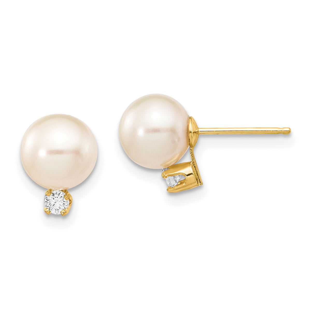 14k 7-8mm White Round Freshwater Cultured Pearl .10ct Diamond Post Earrings-XF493E