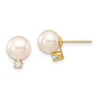 14k 7-8mm White Round Freshwater Cultured Pearl .10ct Diamond Post Earrings-XF493E