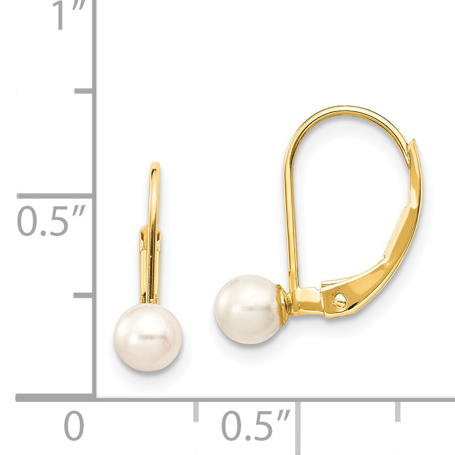 14k 4-5mm White Round Freshwater Cultured Pearl Leverback Earrings-XF495E