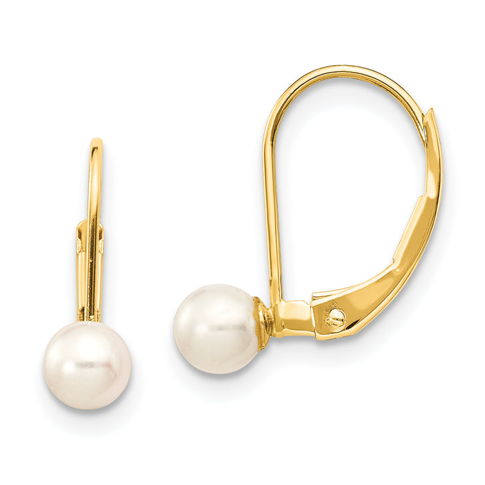 14k 4-5mm White Round Freshwater Cultured Pearl Leverback Earrings-XF495E