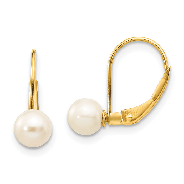 14k 5-6mm White Round Freshwater Cultured Pearl Leverback Earrings-XF496E