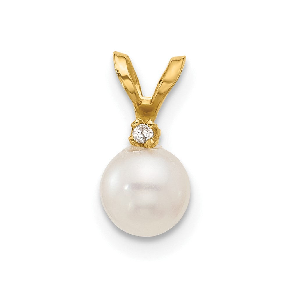14k 5-6mm Round White Freshwater Cultured Pearl Diamond Pendant-XF509