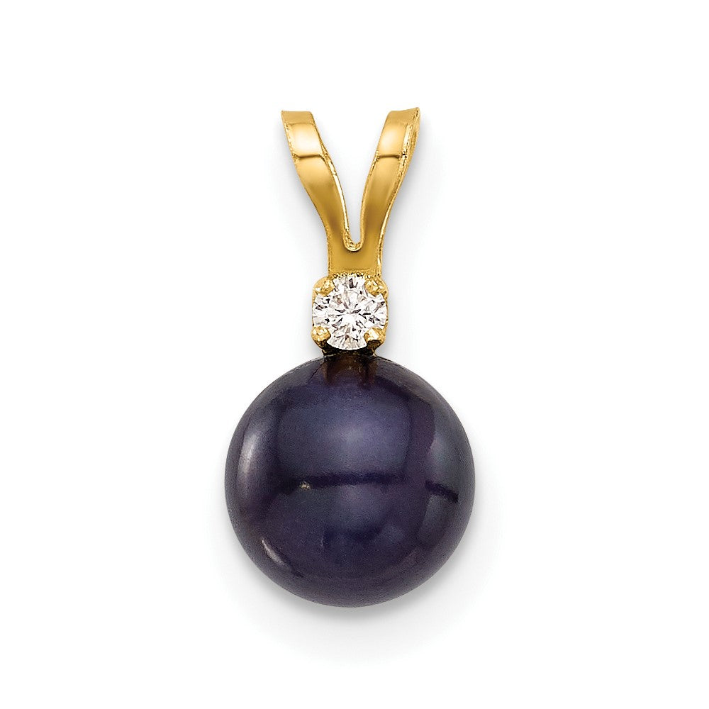 14K 6-7mm Round Black FWC Pearl and .03ct Diamond Pendant-XF510PB