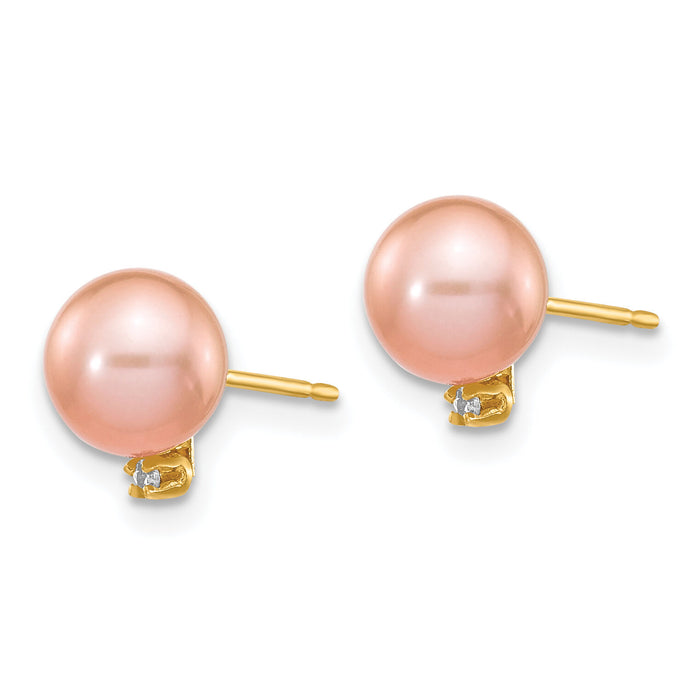 14k 5-6mm Pink Round Freshwater Cultured Pearl .02ct Diamond Post Earrings-XF511E