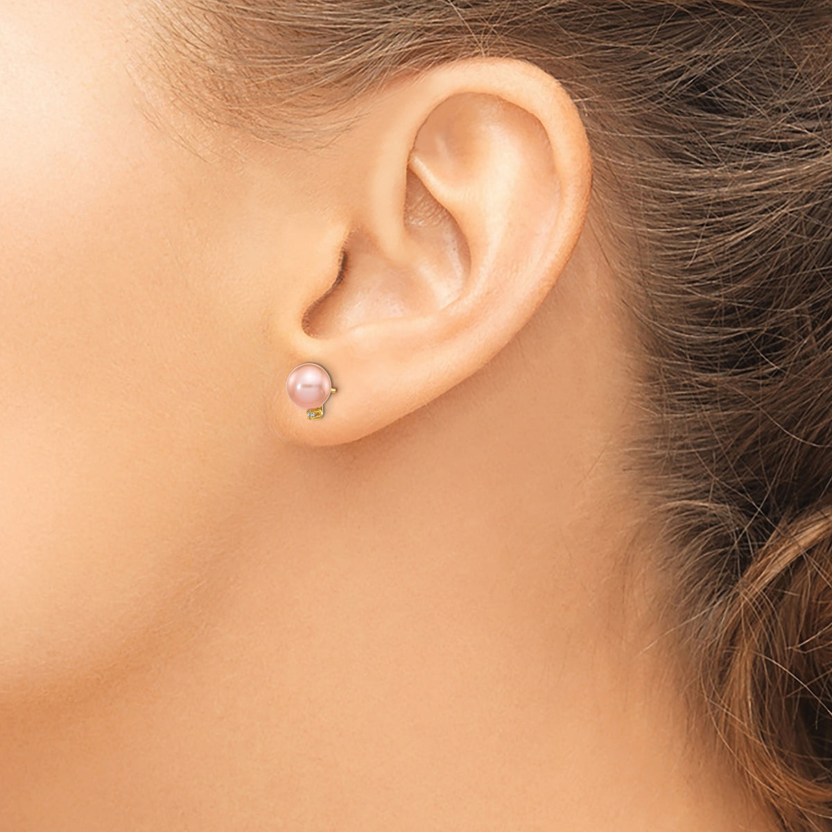14k 5-6mm Pink Round Freshwater Cultured Pearl .02ct Diamond Post Earrings-XF511E