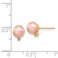 14k 5-6mm Pink Round Freshwater Cultured Pearl .02ct Diamond Post Earrings-XF511E