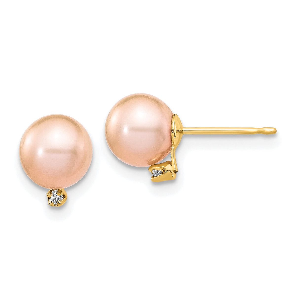 14k 5-6mm Pink Round Freshwater Cultured Pearl .02ct Diamond Post Earrings-XF511E