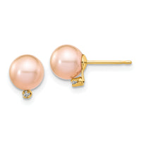 14k 5-6mm Pink Round Freshwater Cultured Pearl .02ct Diamond Post Earrings-XF511E