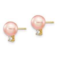 14k 6-7mm Pink Round Freshwater Cultured Pearl .06ct Diamond Post Earrings-XF512E