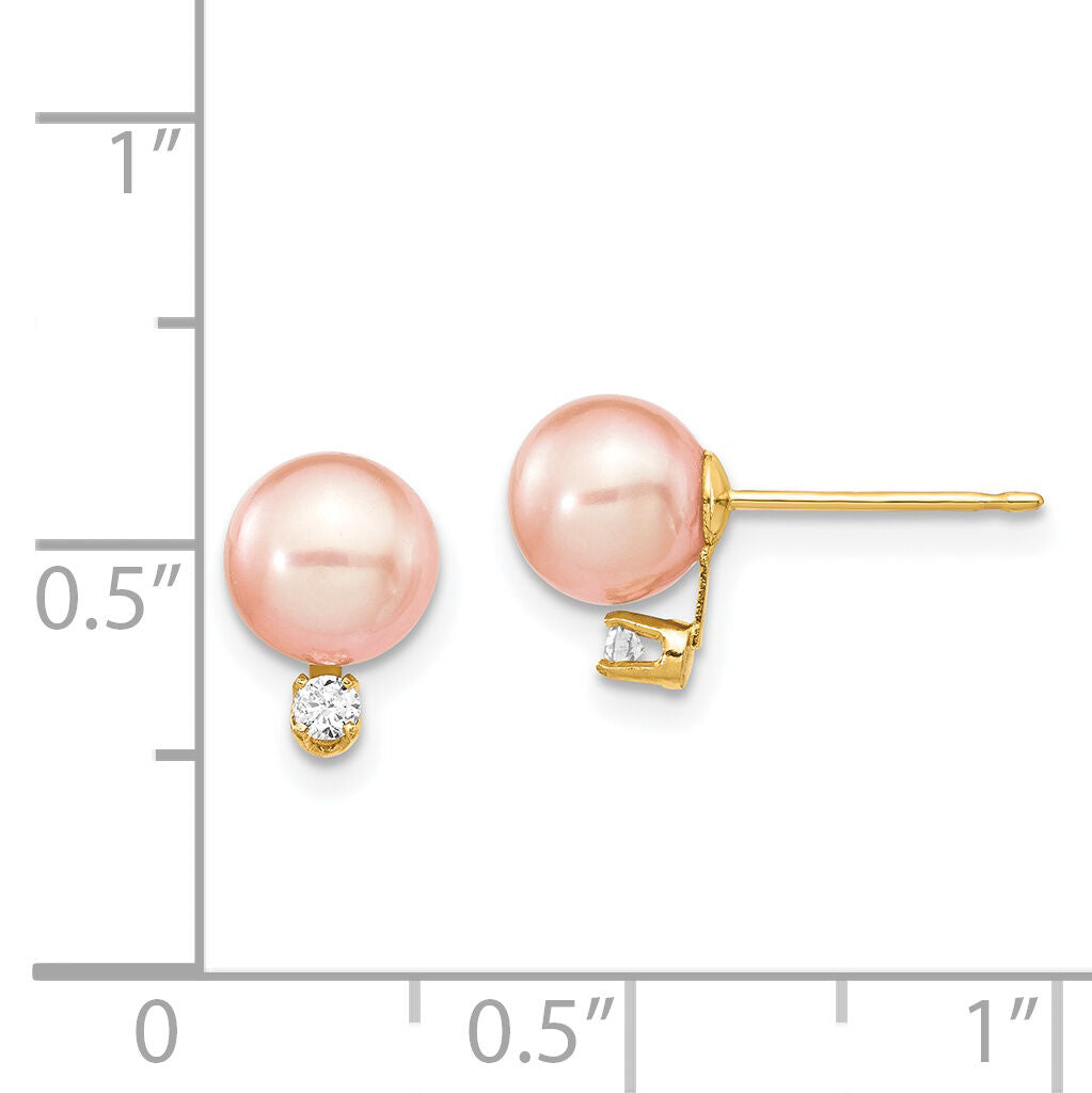 14k 6-7mm Pink Round Freshwater Cultured Pearl .06ct Diamond Post Earrings-XF512E
