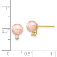 14k 6-7mm Pink Round Freshwater Cultured Pearl .06ct Diamond Post Earrings-XF512E