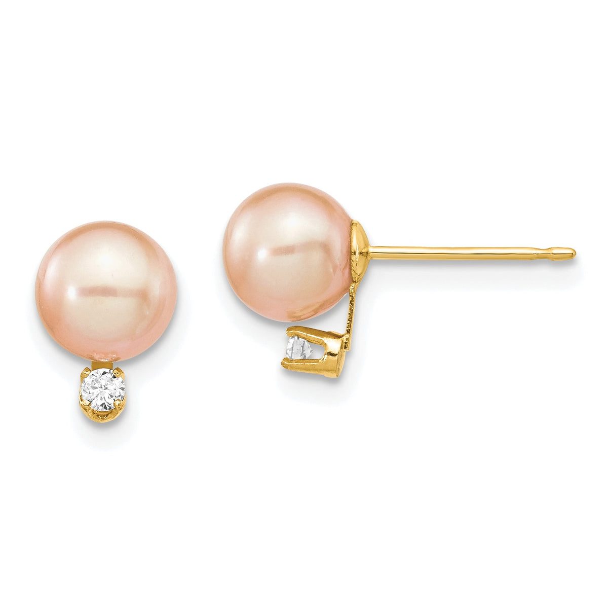 14k 6-7mm Pink Round Freshwater Cultured Pearl .06ct Diamond Post Earrings-XF512E