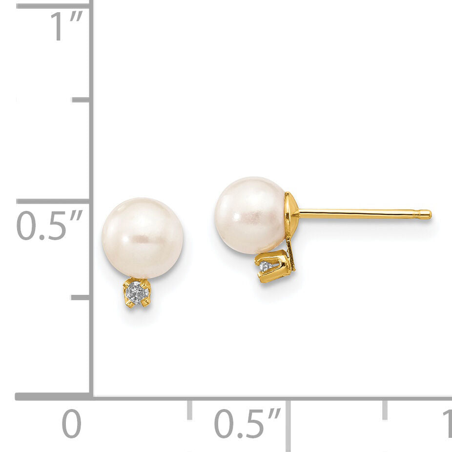 14k 5-6mm White Round Freshwater Cultured Pearl .02ct Diamond Post Earrings-XF514E