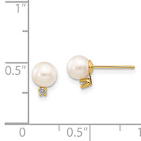 14k 5-6mm White Round Freshwater Cultured Pearl .02ct Diamond Post Earrings-XF514E