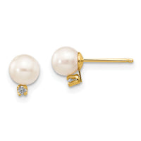 14k 5-6mm White Round Freshwater Cultured Pearl .02ct Diamond Post Earrings-XF514E