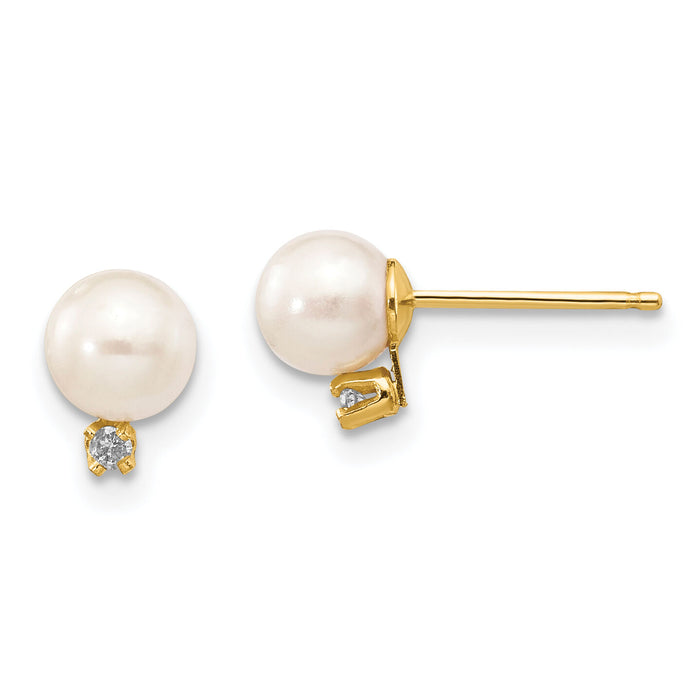 14k 5-6mm White Round Freshwater Cultured Pearl .02ct Diamond Post Earrings-XF514E