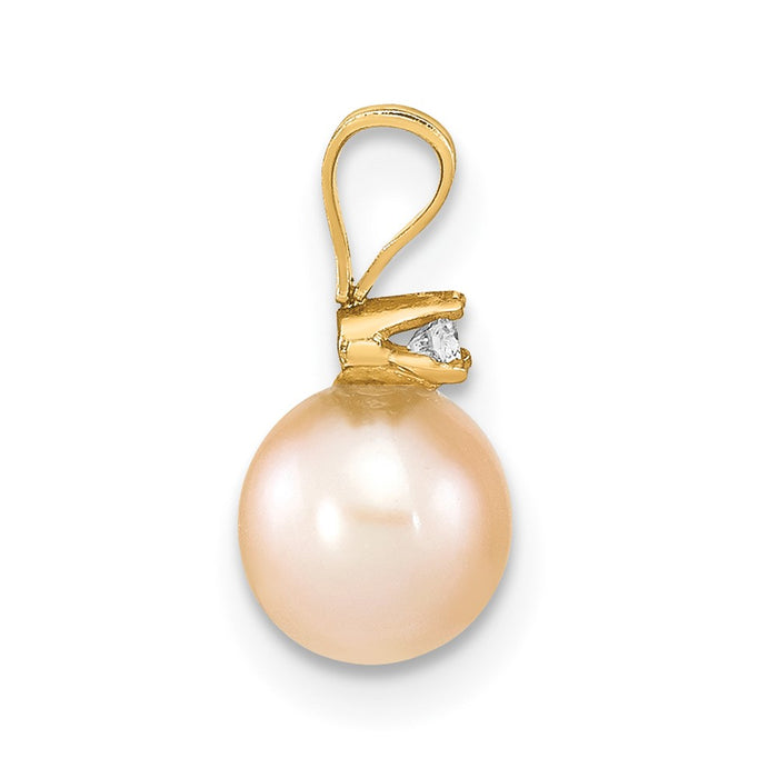 14k 6-7mm Round Pink Freshwater Cultured Pearl Diamond Pendant-XF515