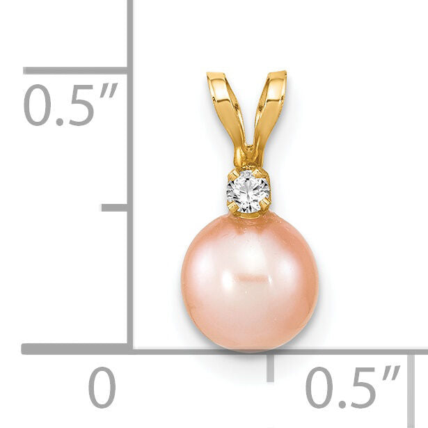 14k 6-7mm Round Pink Freshwater Cultured Pearl Diamond Pendant-XF515
