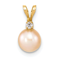 14k 6-7mm Round Pink Freshwater Cultured Pearl Diamond Pendant-XF515