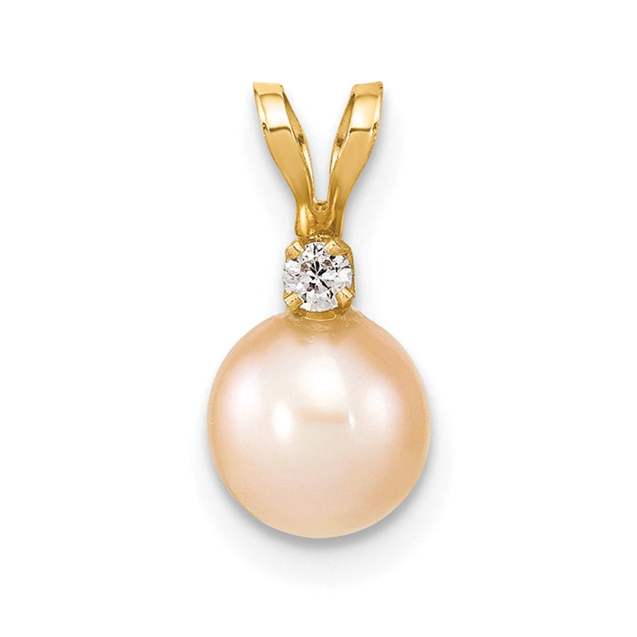 14k 6-7mm Round Pink Freshwater Cultured Pearl Diamond Pendant-XF515