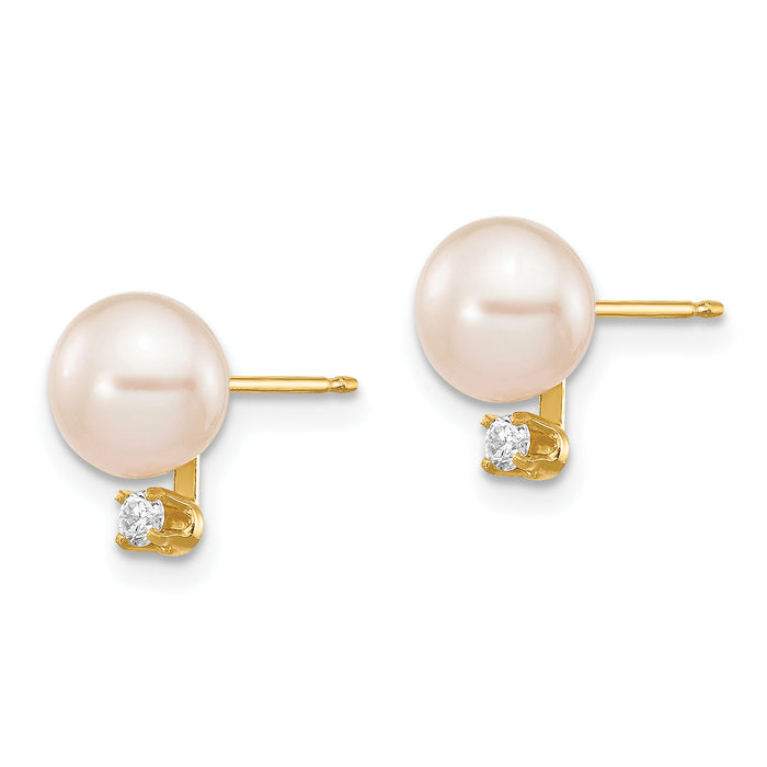 14k 6-7mm White Round Freshwater Cultured Pearl .06ct Diamond Post Earrings-XF516E