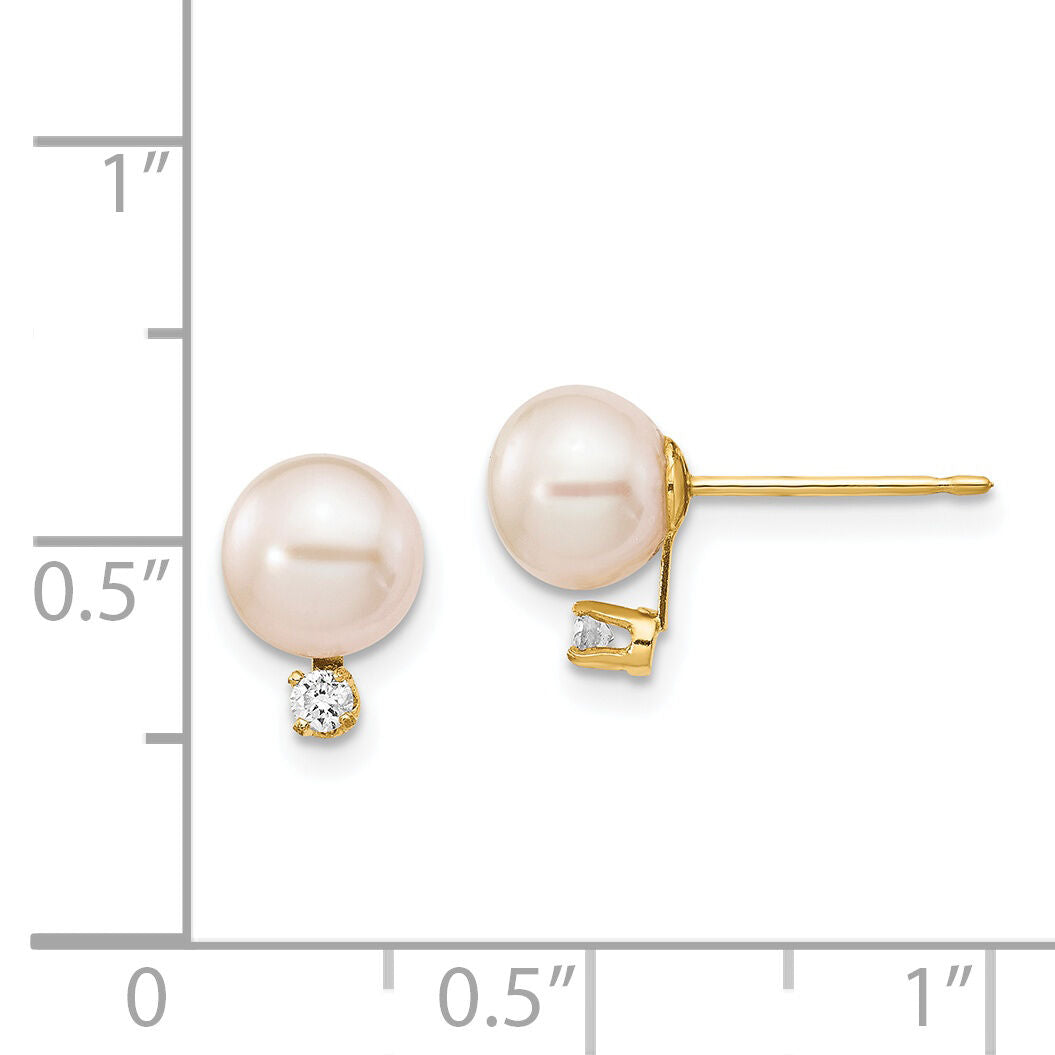 14k 6-7mm White Round Freshwater Cultured Pearl .06ct Diamond Post Earrings-XF516E