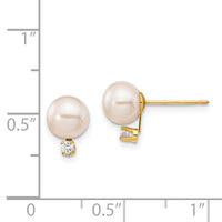 14k 6-7mm White Round Freshwater Cultured Pearl .06ct Diamond Post Earrings-XF516E