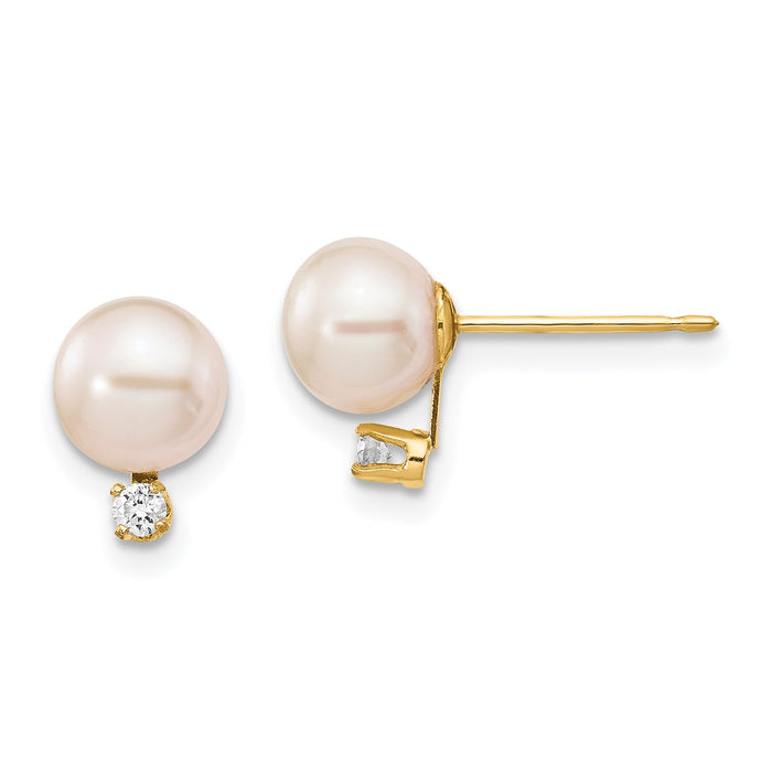 14k 6-7mm White Round Freshwater Cultured Pearl .06ct Diamond Post Earrings-XF516E