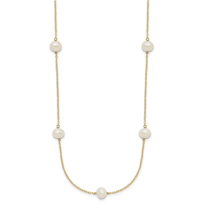 14K 7-8mm White Near Round Freshwater Cultured Pearl 7-Station Necklace-XF554-18