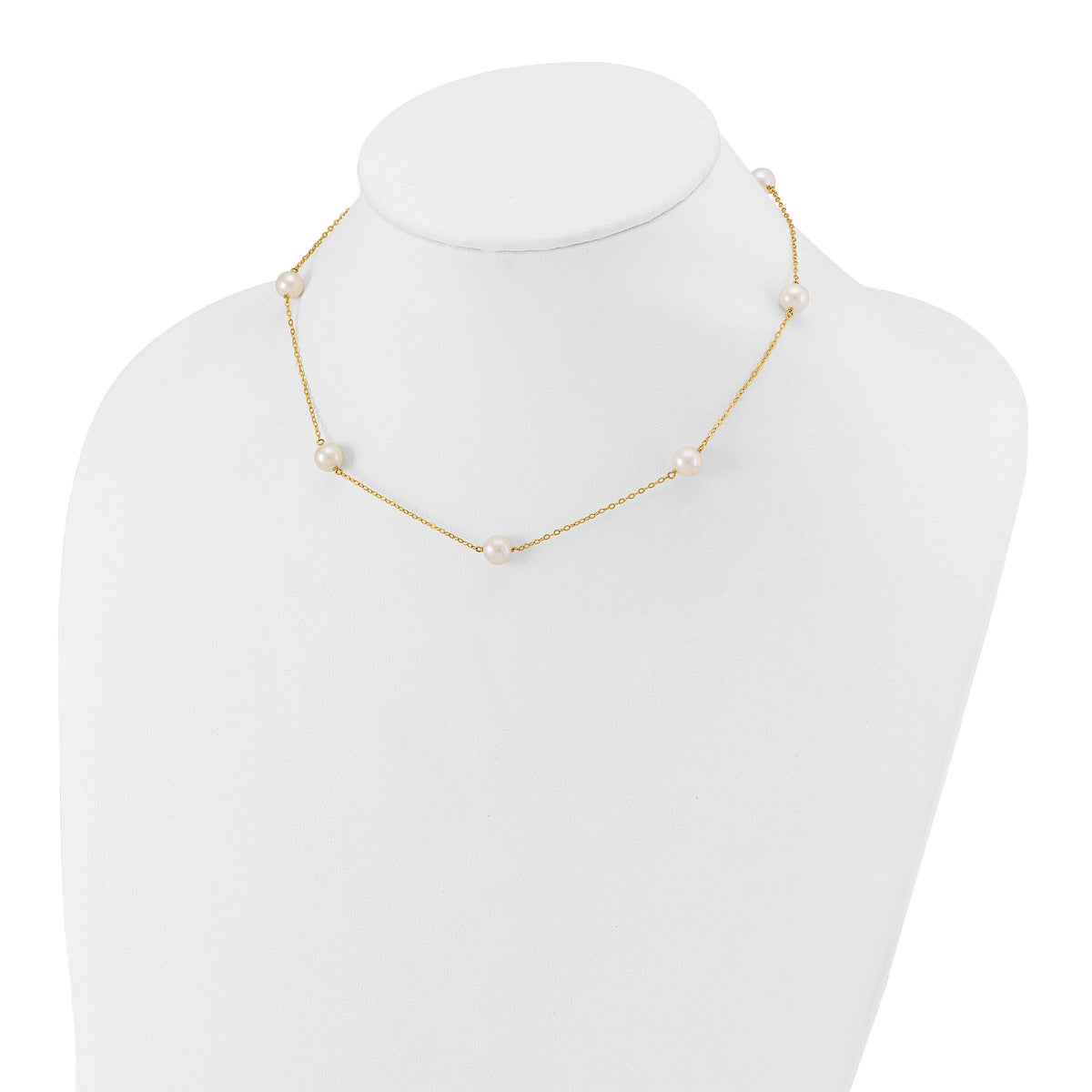 14K 7-8mm White Near Round Freshwater Cultured Pearl 7-Station Necklace-XF554-16