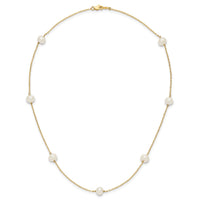 14K 7-8mm White Near Round Freshwater Cultured Pearl 7-Station Necklace-XF554-18