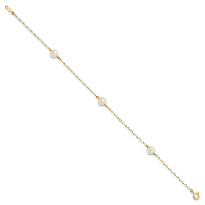 14K 5-6mm White Near Round Freshwater Cultured Pearl 3-station Bracelet-XF560-7.25