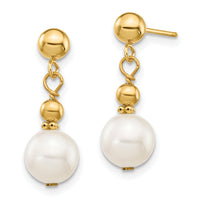 14K 7-8mm White Semi-round Freshwater Cultured Pearl Post Dangle Earrings-XF564