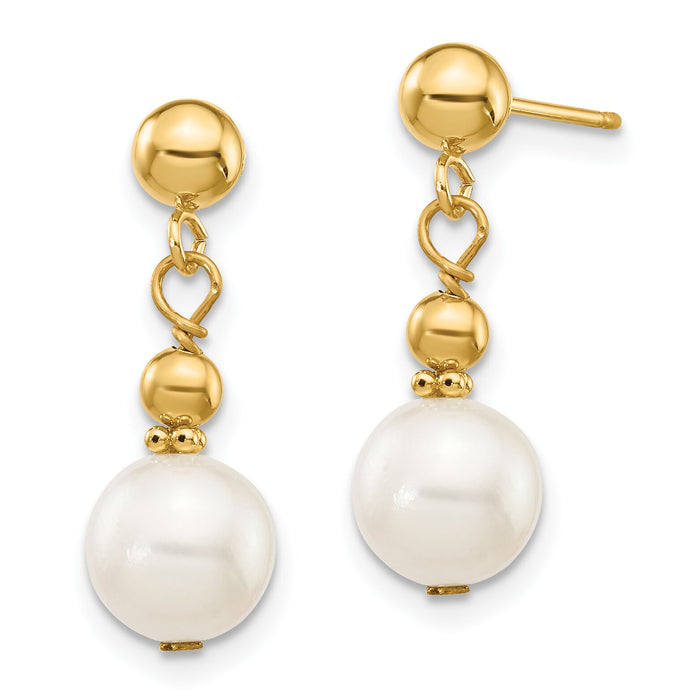 14K 7-8mm White Semi-round Freshwater Cultured Pearl Post Dangle Earrings-XF564