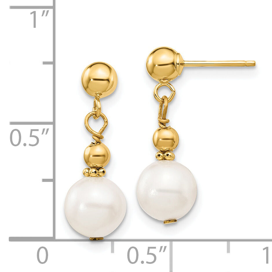 14K 7-8mm White Semi-round Freshwater Cultured Pearl Post Dangle Earrings-XF564