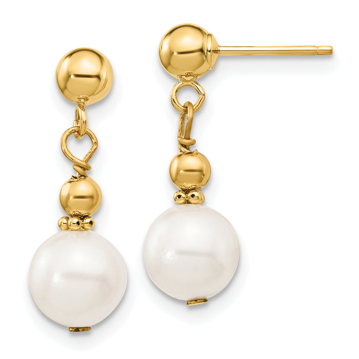 14K 7-8mm White Semi-round Freshwater Cultured Pearl Post Dangle Earrings-XF564