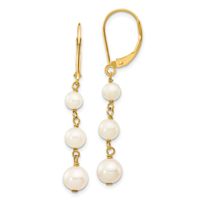 14k 4-6mm White Semi-round FW Cultured Pearl Graduated Leverback Earrings-XF569