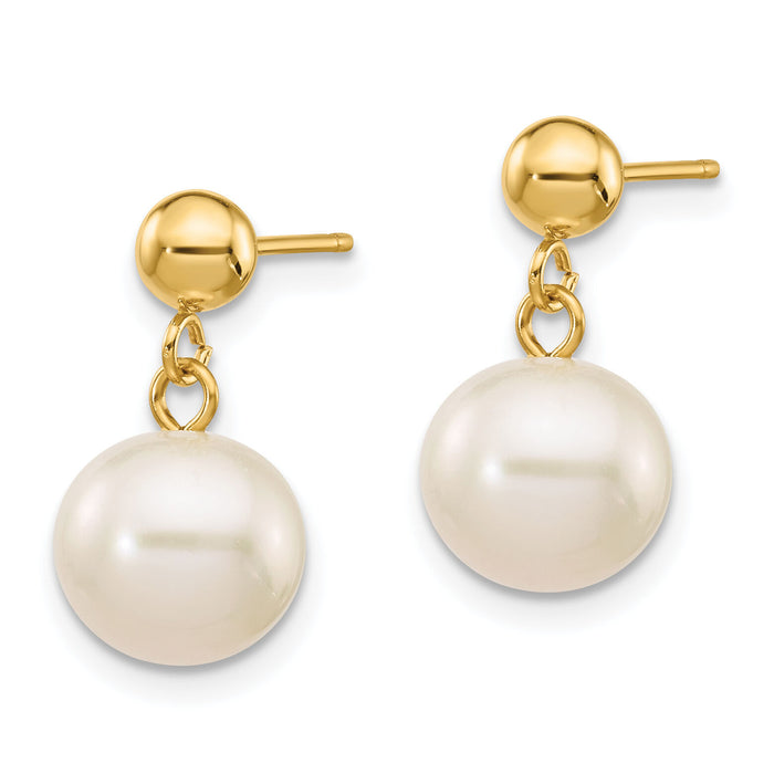 14k 8-8.5mm White Round Freshwater Cultured Pearl Post Dangle Earrings-XF570