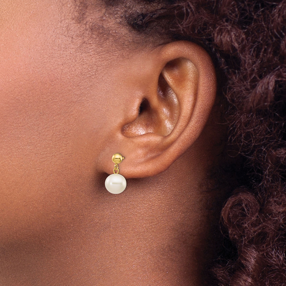 14k 8-8.5mm White Round Freshwater Cultured Pearl Post Dangle Earrings-XF570