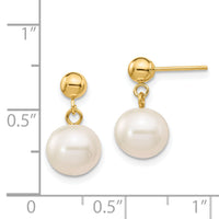 14k 8-8.5mm White Round Freshwater Cultured Pearl Post Dangle Earrings-XF570