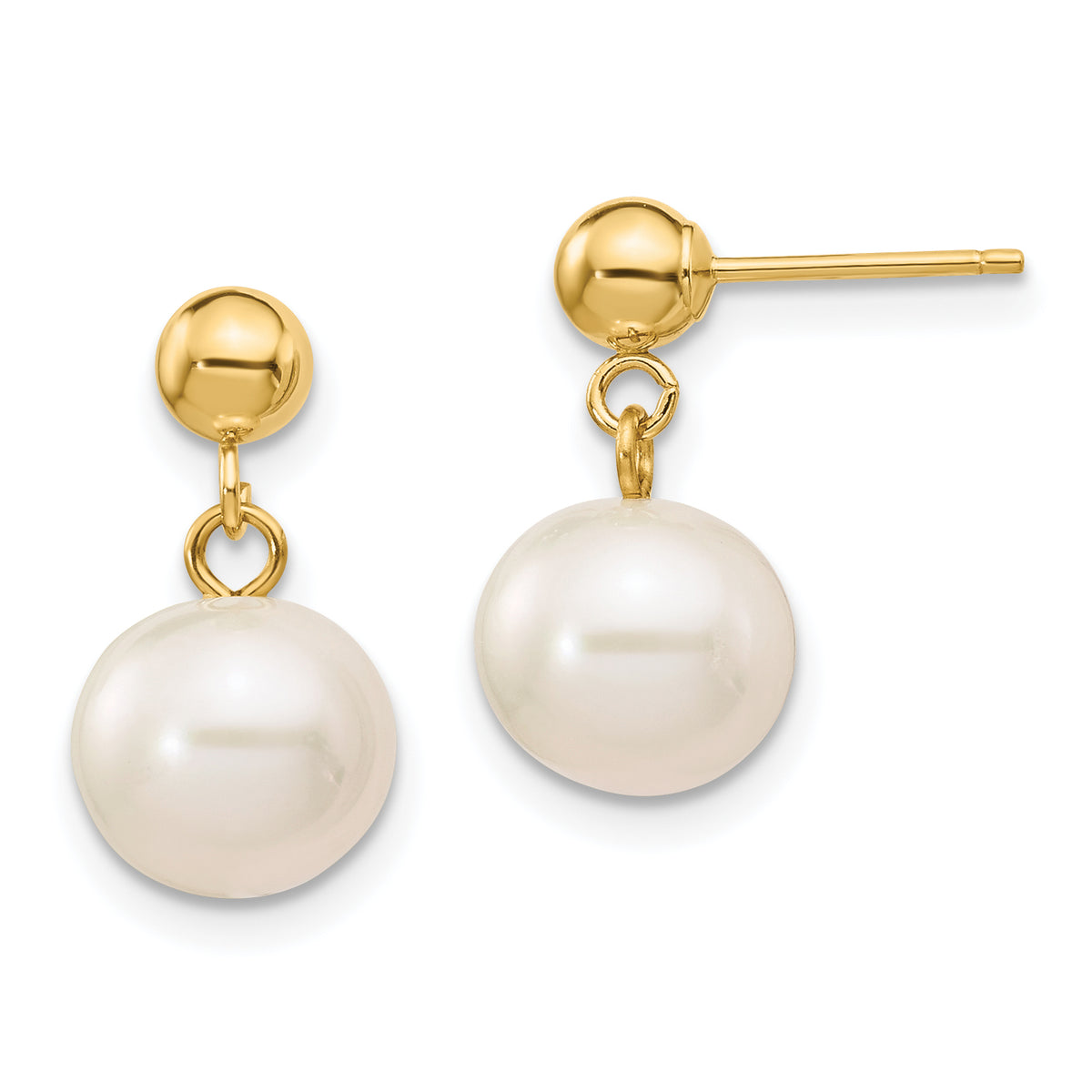 14k 8-8.5mm White Round Freshwater Cultured Pearl Post Dangle Earrings-XF570